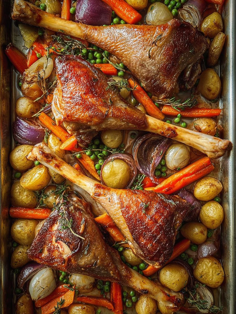 Deliciously golden brown Roasted Turkey Legs Vegetables with herbs and root vegetables in a roasting pan