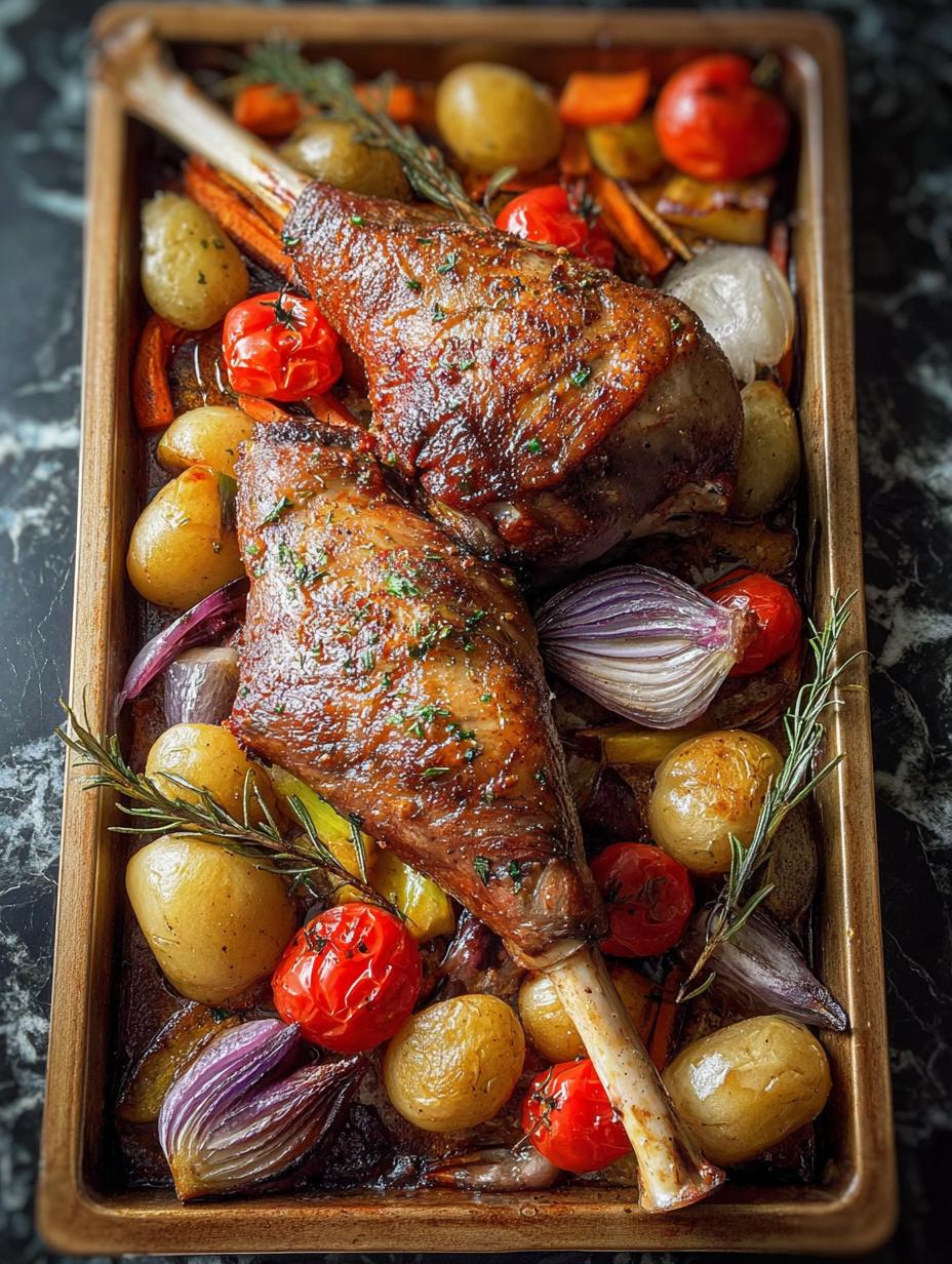 Close-up of perfectly roasted turkey leg with crispy skin and tender vegetables, ready to serve