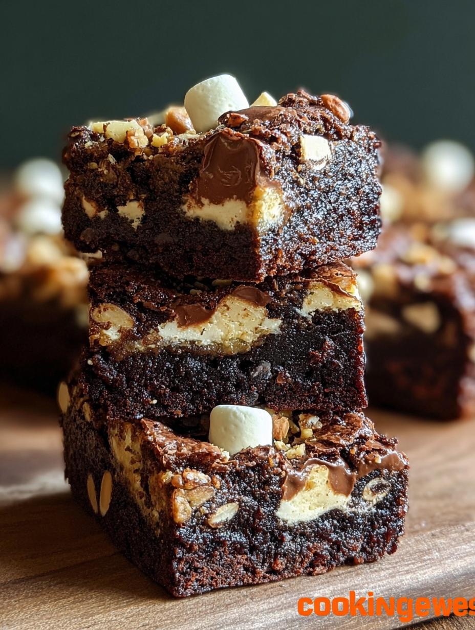 Close-up of a freshly baked Rocky Road Brownie, showing the gooey marshmallow and crunchy nut texture