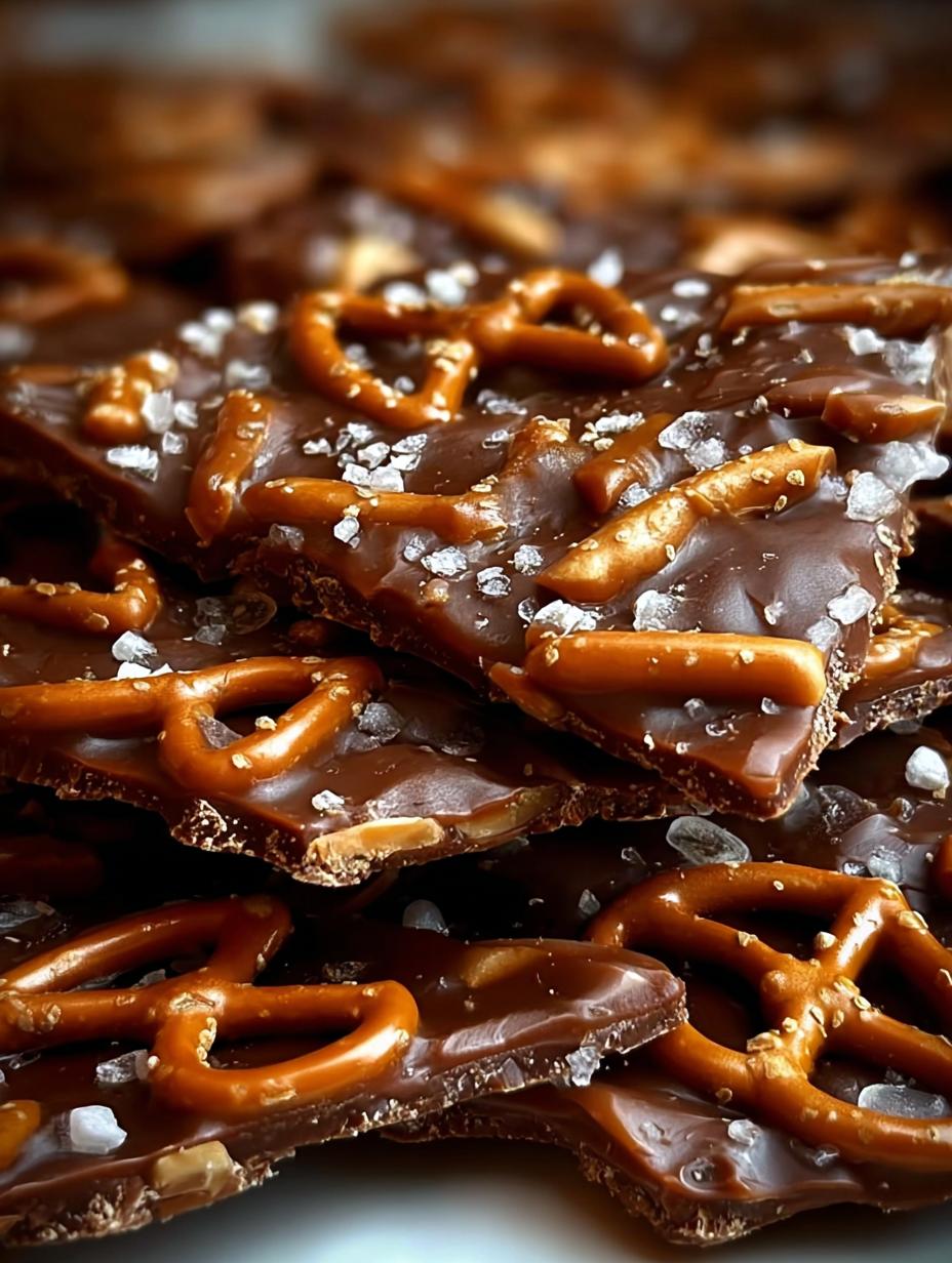 Delicious Salted Caramel Pretzel Bark broken into pieces on a white plate, showcasing the crunchy pretzels, gooey caramel, and rich chocolate layers with sea salt sprinkles