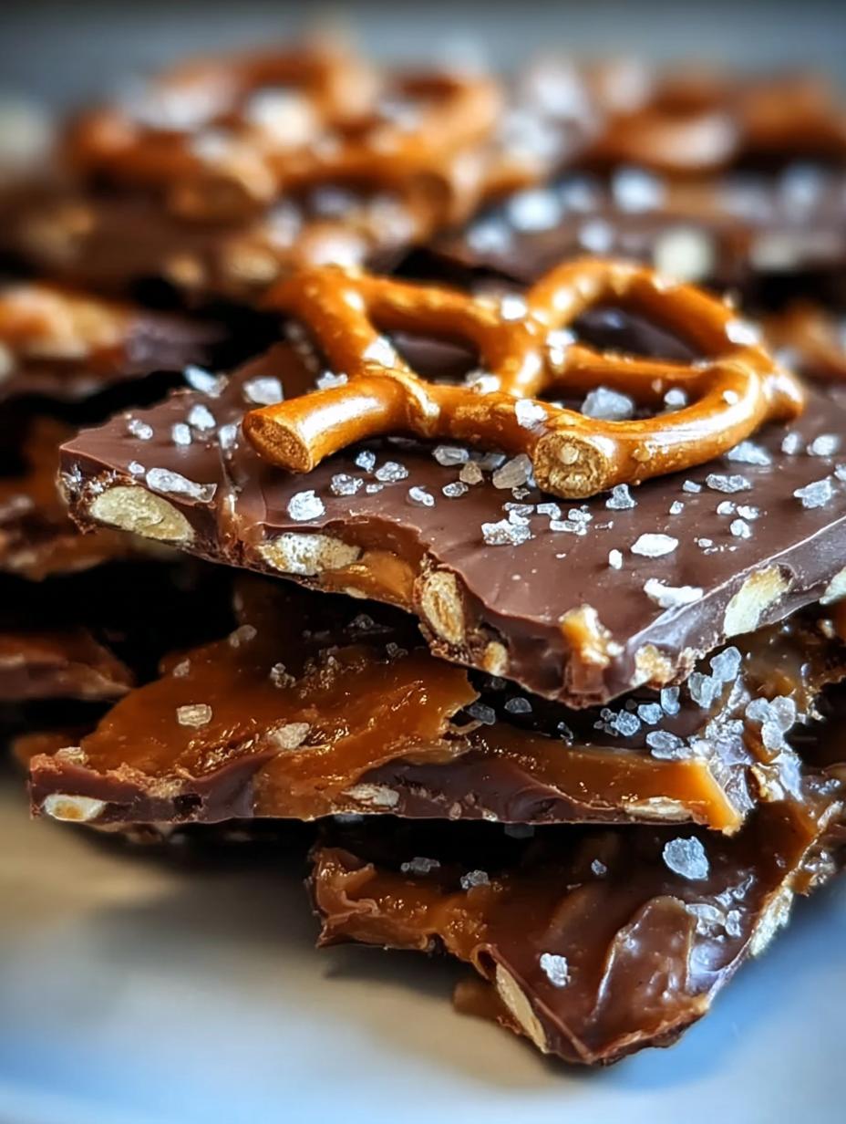 Close-up of a piece of Salted Caramel Pretzel Bark showing the distinct layers of chocolate, caramel, and pretzels, with visible sea salt crystals