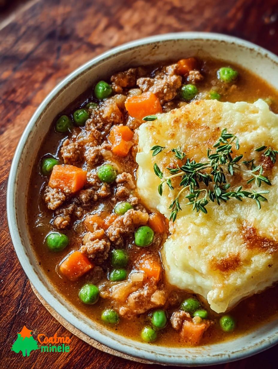 Delicious Shepherds Pie Soup with a creamy mashed potato topping in a white bowl, garnished with fresh herbs, ready to be enjoyed.