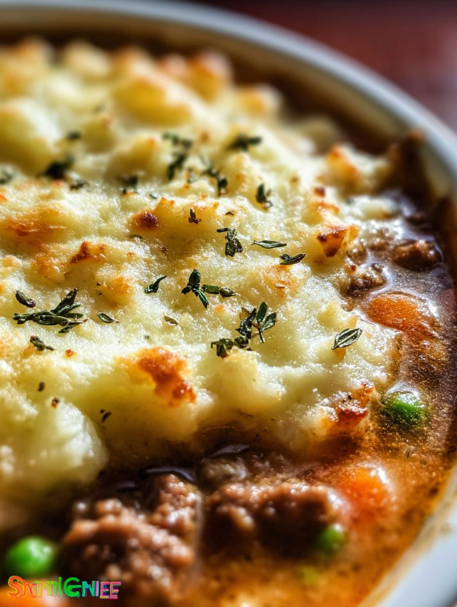 Overhead shot of a bowl of Shepherds Pie Soup, rich with ground beef and vegetables, topped with a swirl of mashed potatoes and fresh parsley.