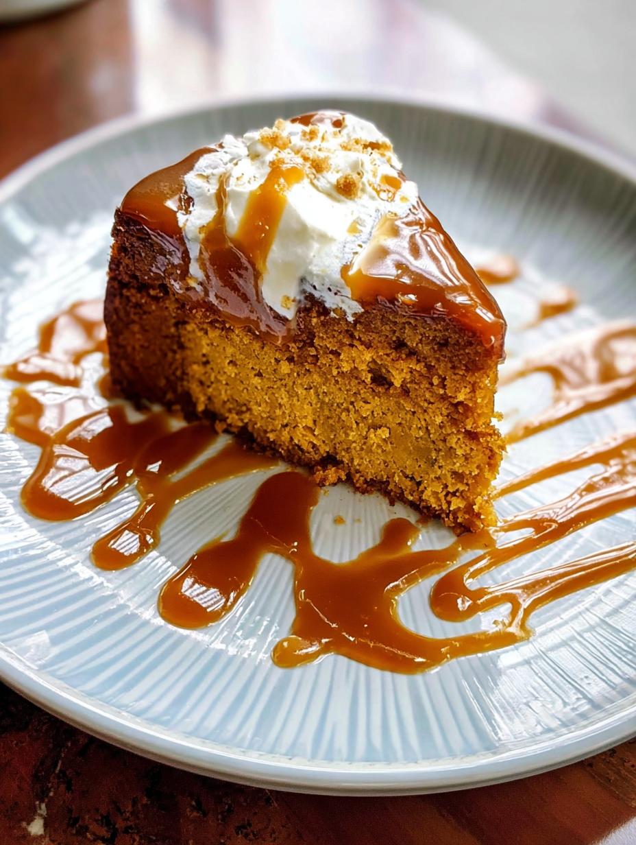 Delicious Slow Cooker Sticky Caramel Pumpkin Cake with a generous drizzle of caramel sauce, ready to be served