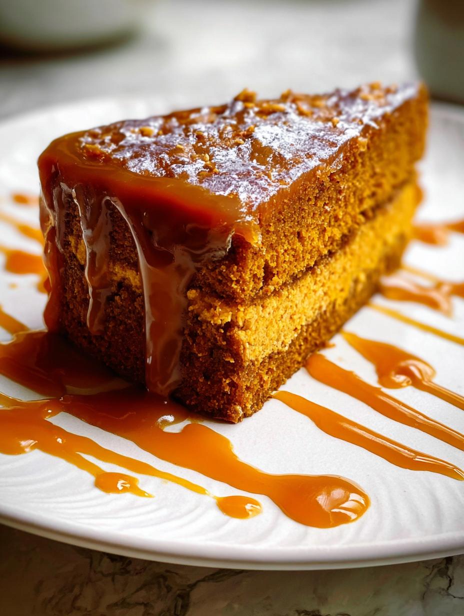 Close-up of a slice of Slow Cooker Sticky Caramel Pumpkin Cake with a scoop of vanilla ice cream and a drizzle of extra caramel