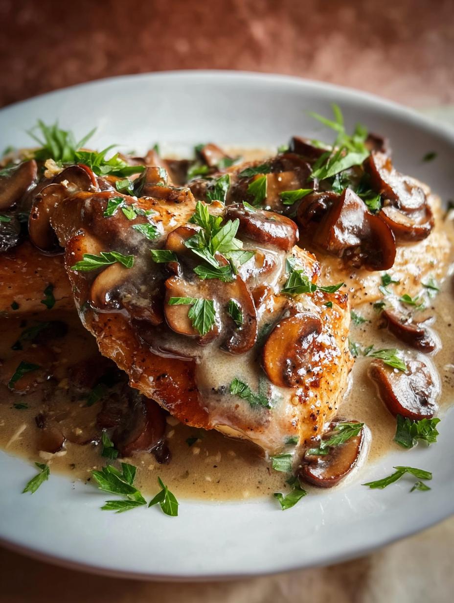 Close-up of creamy Slow Cooker Turkey Marsala sauce with sliced mushrooms