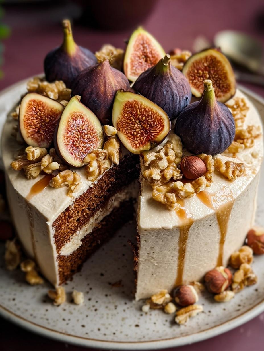 Delicious Spiced Fig Hazelnut Cake with creamy frosting and fresh fig garnish on a rustic wooden board