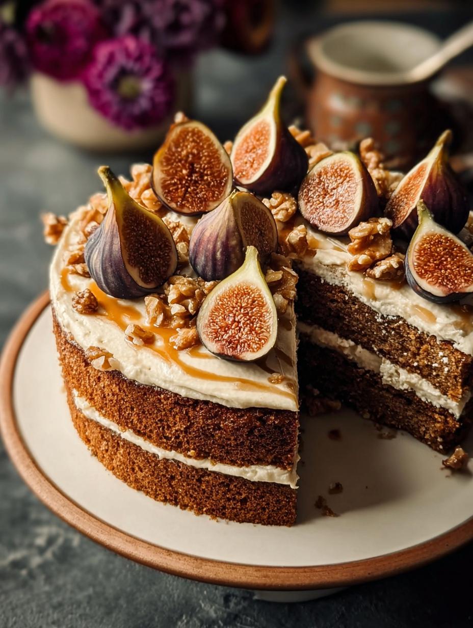 Close-up of a slice of Spiced Fig Hazelnut Cake showing moist crumb, figs, and hazelnuts, topped with frosting