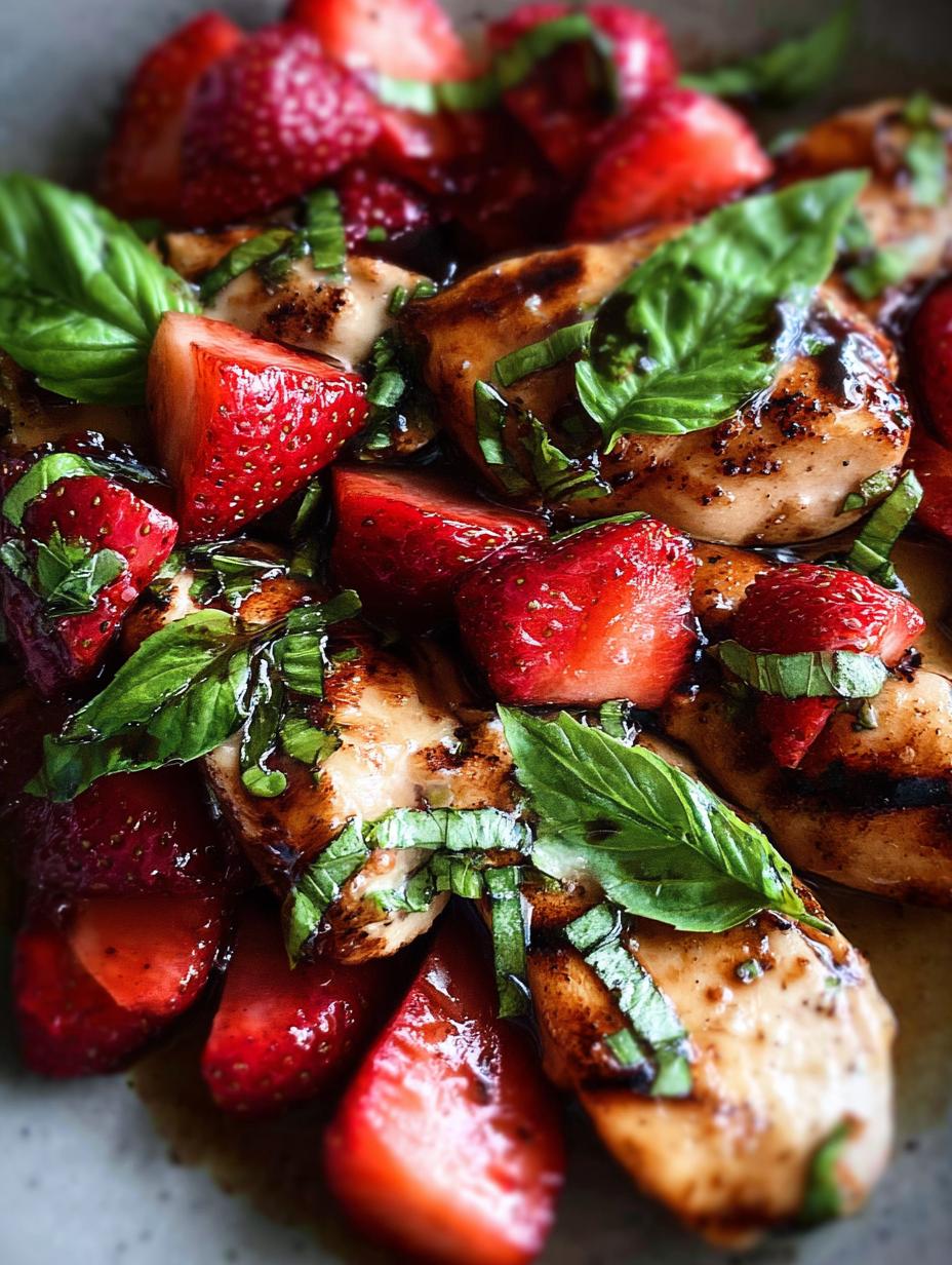 Deliciously plated Strawberry Basil Chicken with fresh basil garnish and vibrant strawberry sauce, showcasing the amazing flavor of this summer dish.