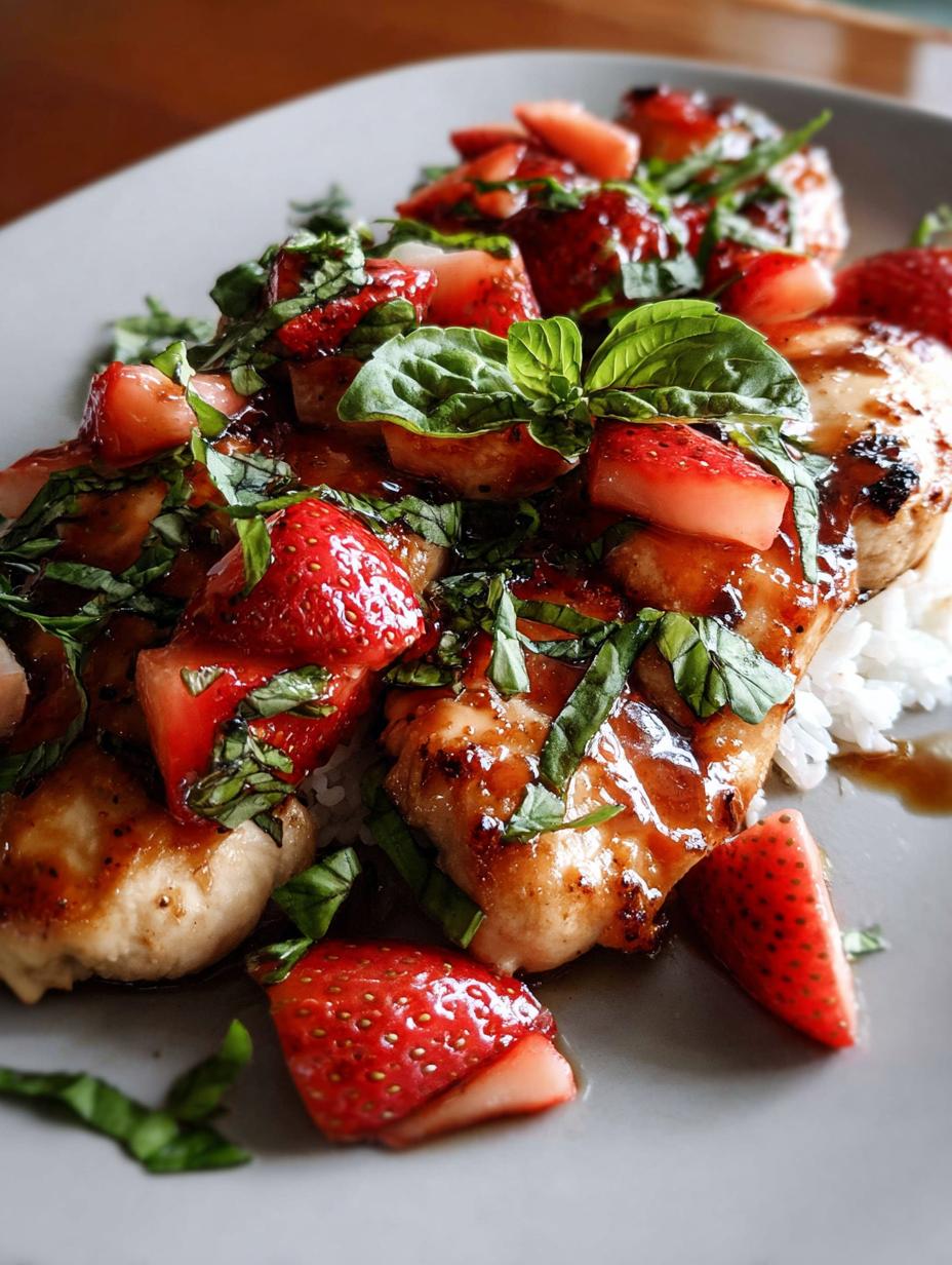 Close-up of Strawberry Basil Chicken on a plate, showing the juicy chicken breast topped with fresh strawberry and basil salsa, highlighting the amazing flavor.