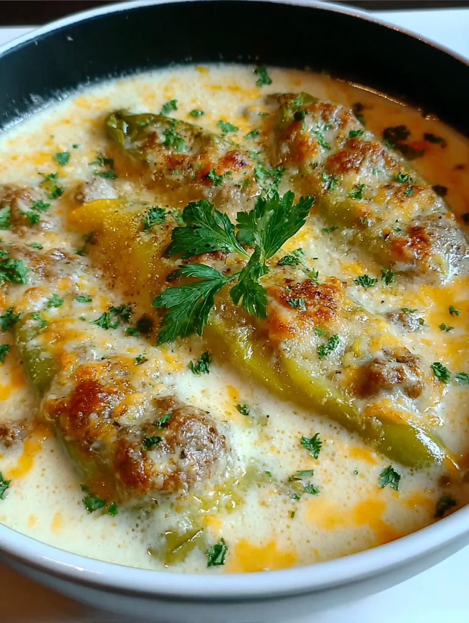 Delicious Stuffed Banana Pepper Soup in a bowl with fresh parsley garnish, ready to eat