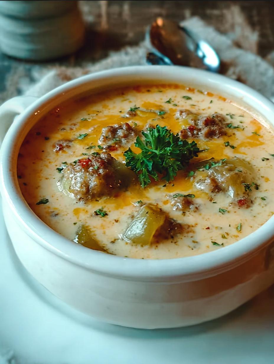 Close-up of creamy Stuffed Banana Pepper Soup simmering in a Dutch oven, showing rich texture