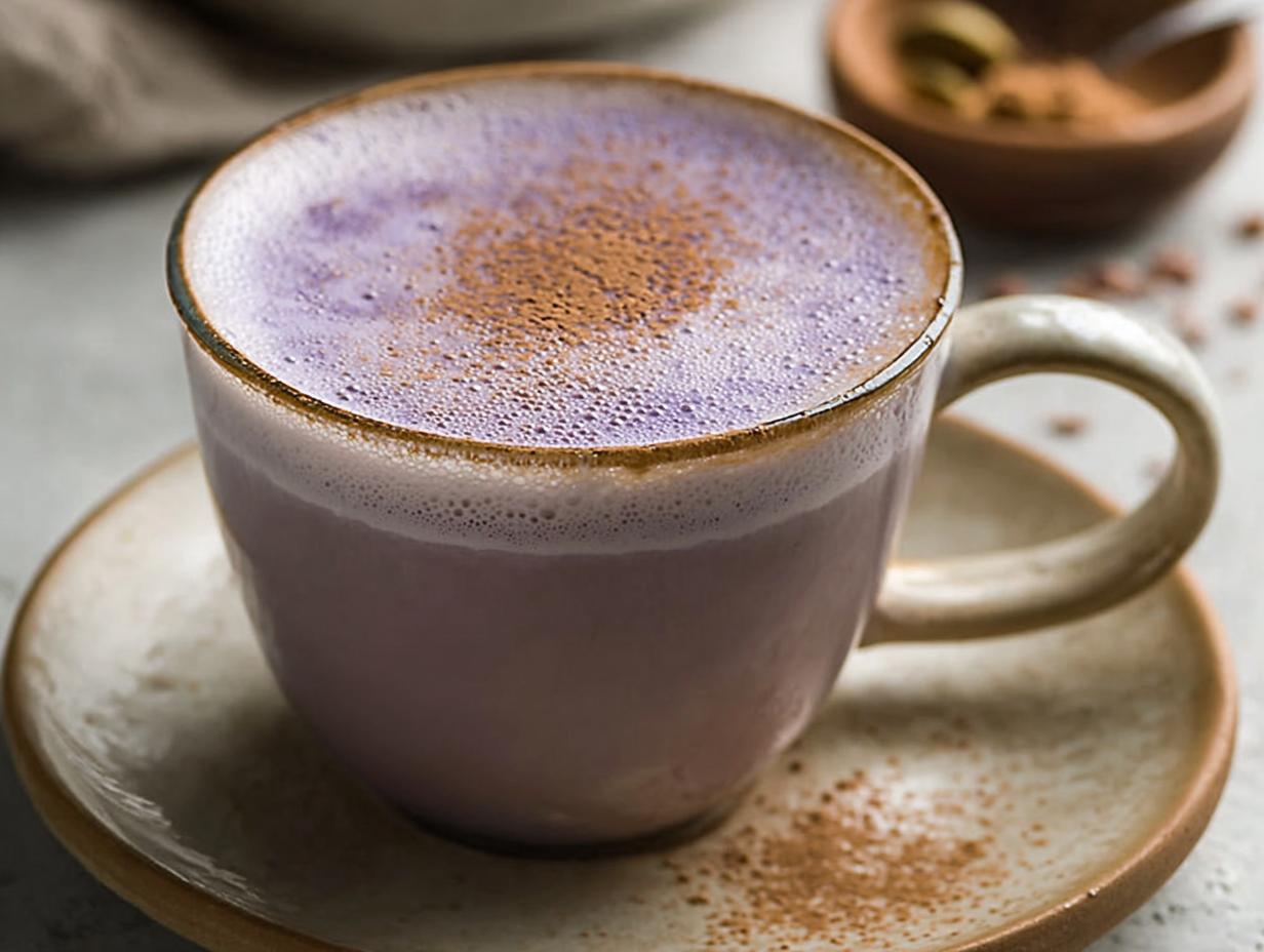 Taro Latte: Easy 10-Minute Dreamy Drink - Assembled taro latte in a clear glass