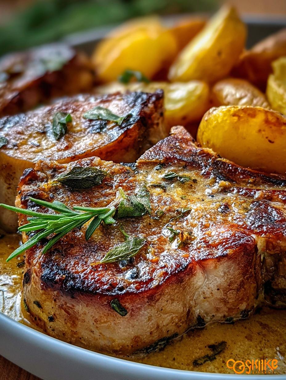 Amazing Tender Chops Creamy Potatoes casserole, golden brown and bubbly, served in a baking dish