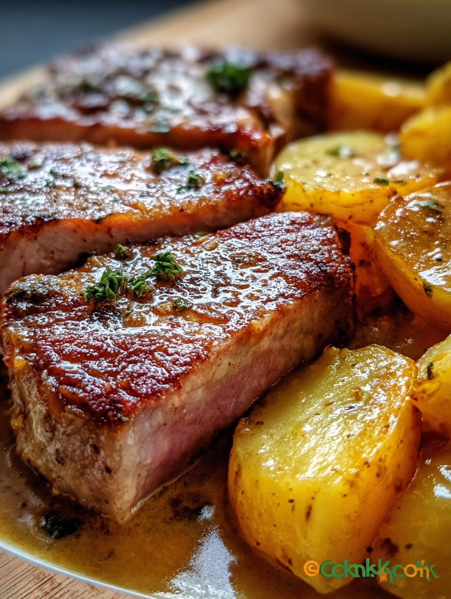 Close-up of a serving of Tender Chops Creamy Potatoes, showing tender pork and creamy potato layers