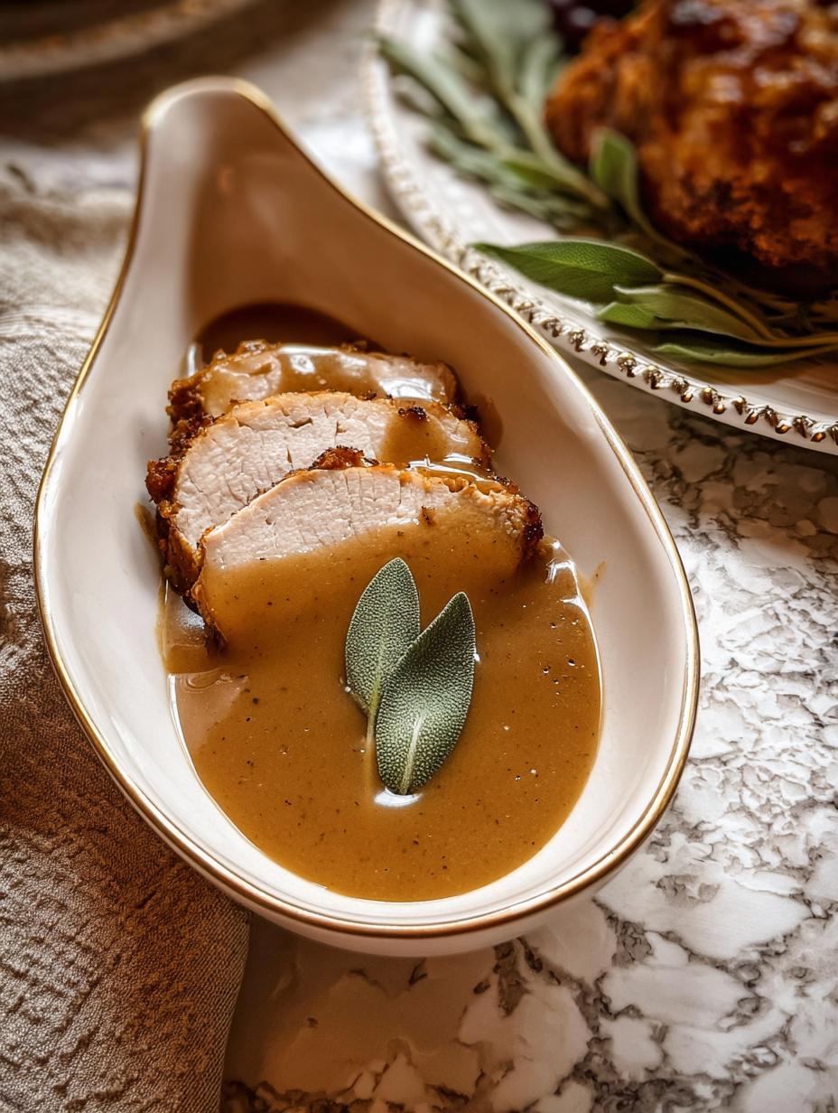 Ultimate Turkey Gravy: Rich, golden turkey gravy in a white gravy boat, ready to be poured over a holiday meal