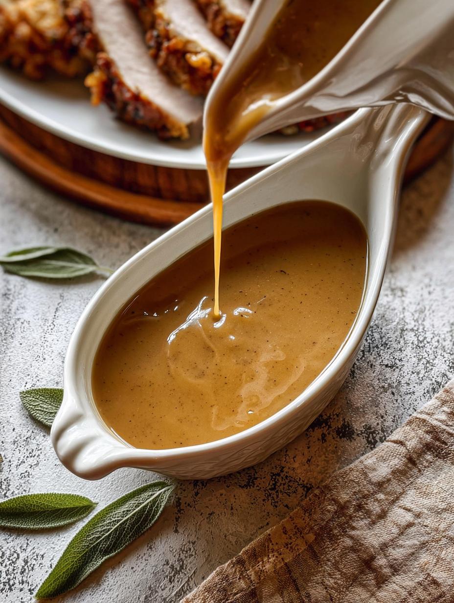Ultimate Turkey Gravy: A close-up of smooth, rich turkey gravy being poured from a ladle into a serving dish