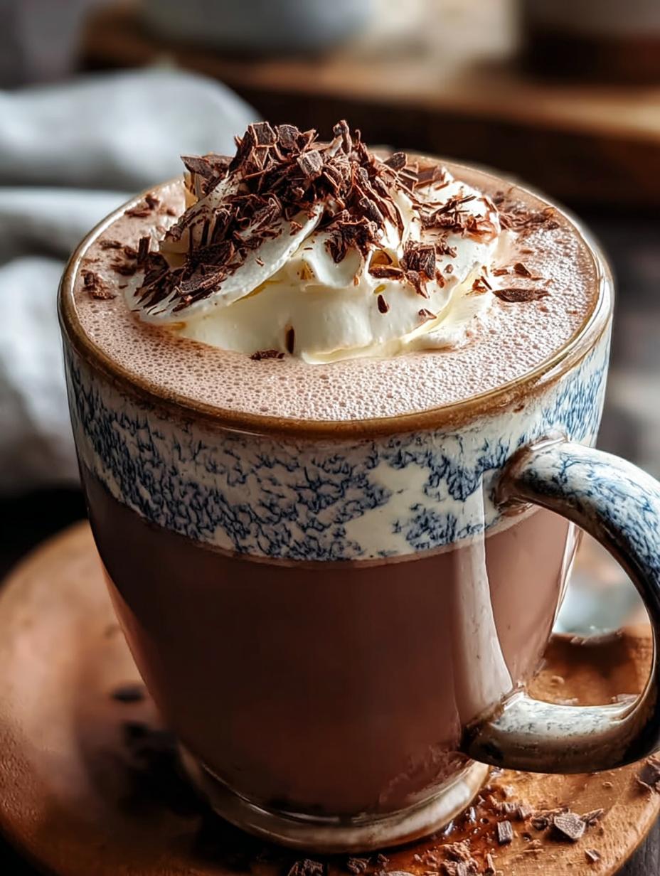 Amazing Whipped Hot Chocolate in 15 Minutes - a close-up of the creamy whipped topping on a mug of hot chocolate