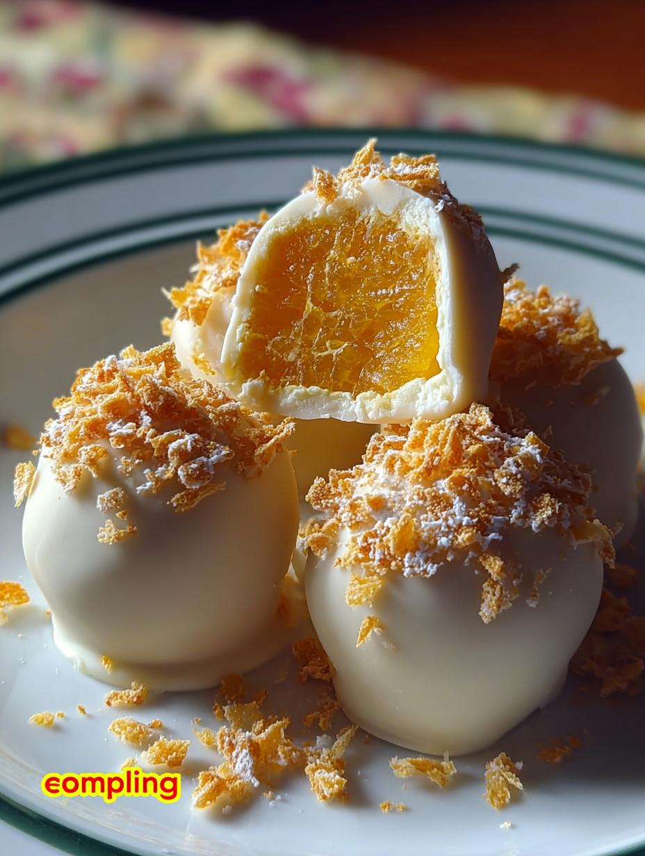 Close-up of a White Chocolate Orange Creamsicle truffle with a creamy orange center, showing its irresistible texture.