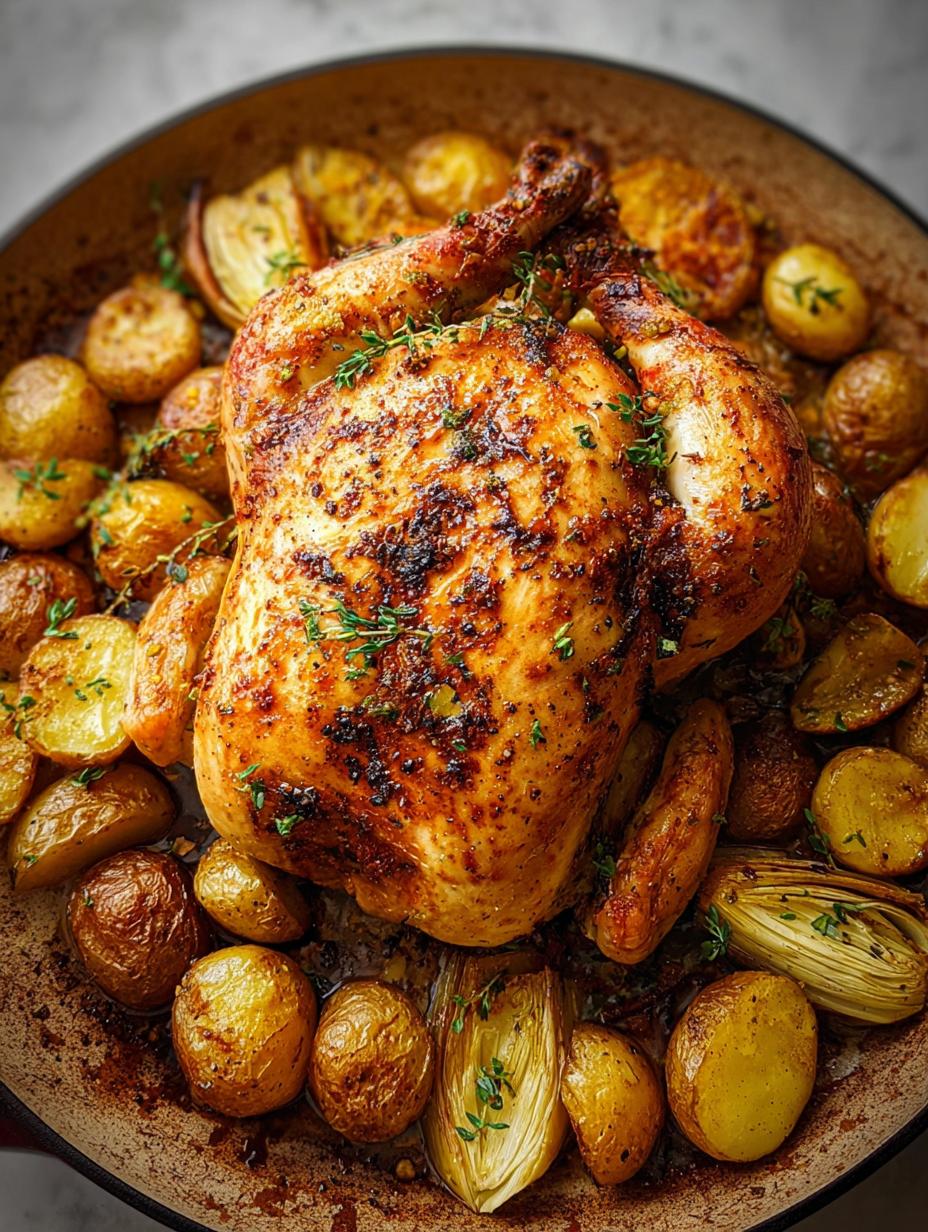 Whole Roast Chicken Potatoes: 1 Perfect Meal - Golden brown whole roast chicken and crispy potatoes in a roasting pan