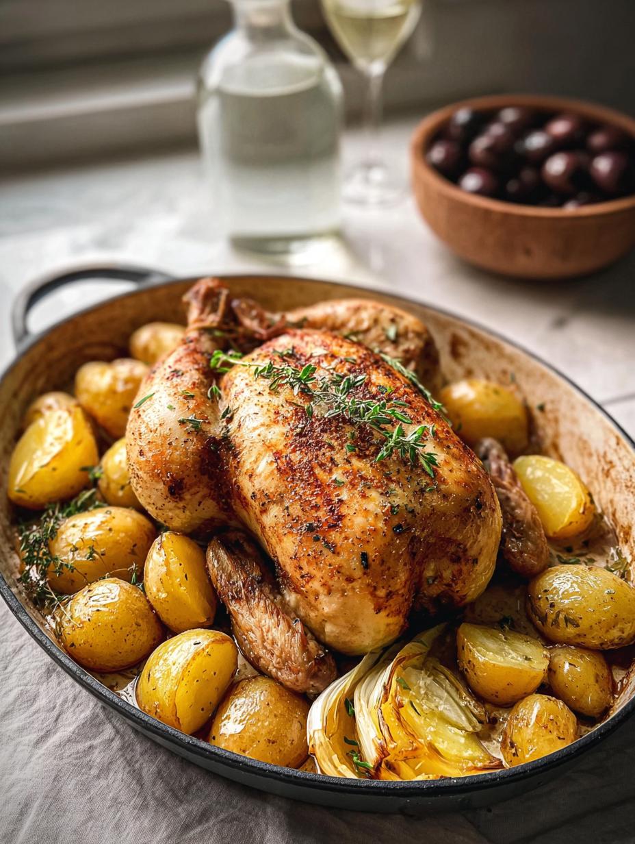 Whole Roast Chicken Potatoes: 1 Perfect Meal - Carved whole roast chicken with potatoes and pan sauce on a serving platter