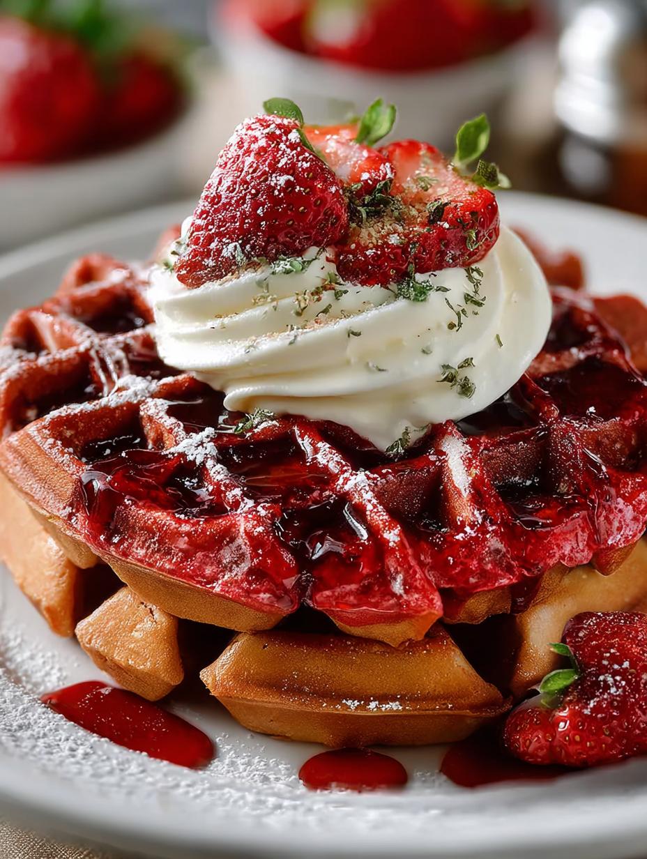 Delicious Red Velvet Waffles topped with fresh berries and cream