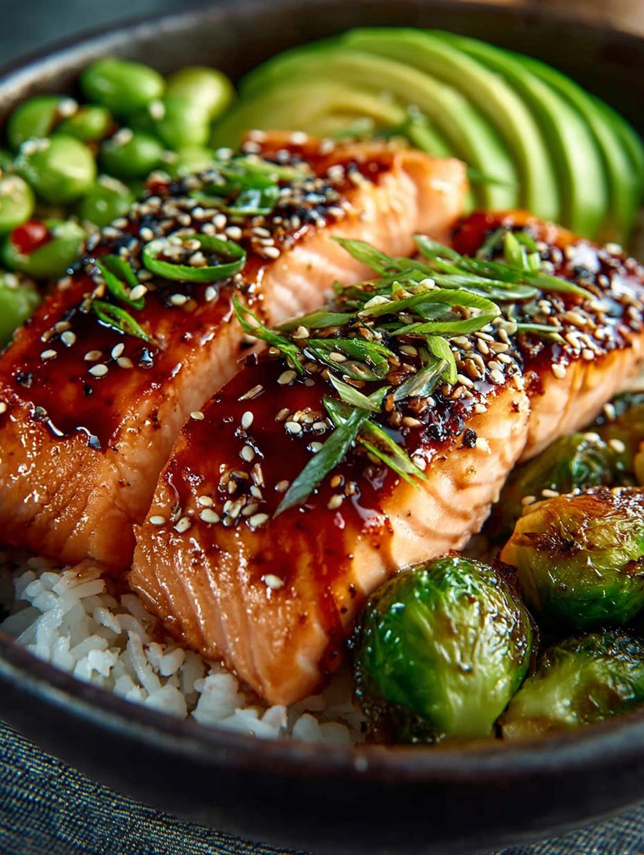 Teriyaki Salmon Bowls with Crispy Brussels Sprouts - Teriyaki Salmon Bowls with - main visual representation