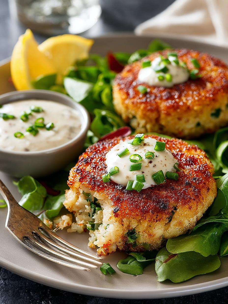 Irresistible crab cakes with dipping sauce served on a plate