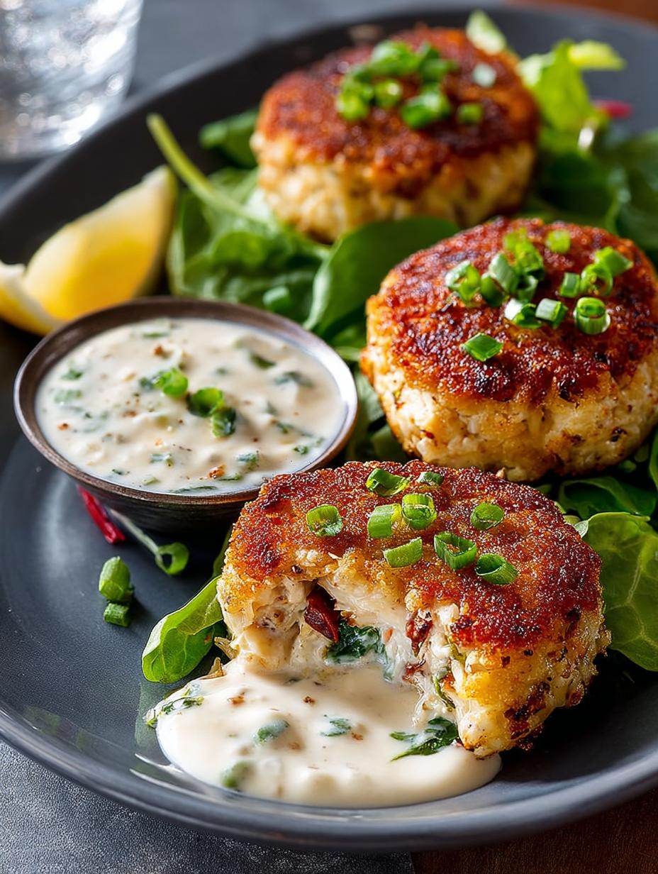 Delicious crab cakes with various dipping sauces on a table