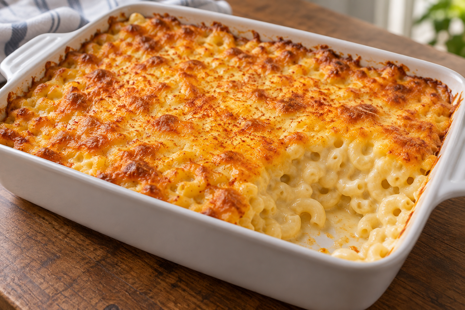 Baked elbow macaroni with a golden cheddar and mozzarella top in a rectangular dish