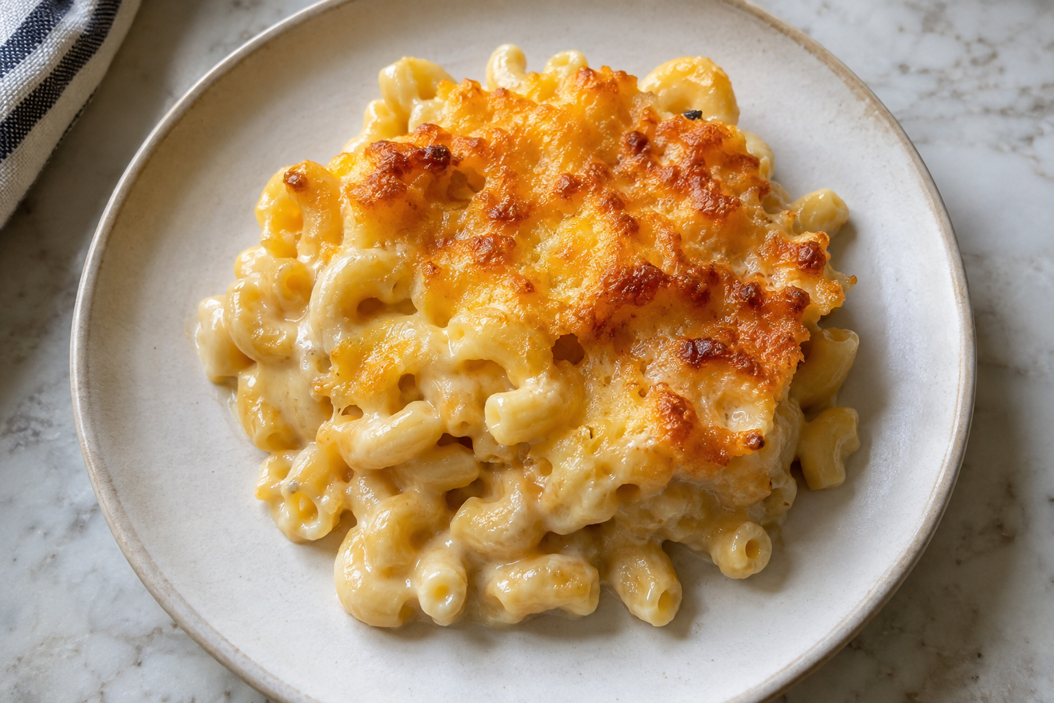 A plated portion of baked elbow macaroni with creamy cheese sauce and a golden top