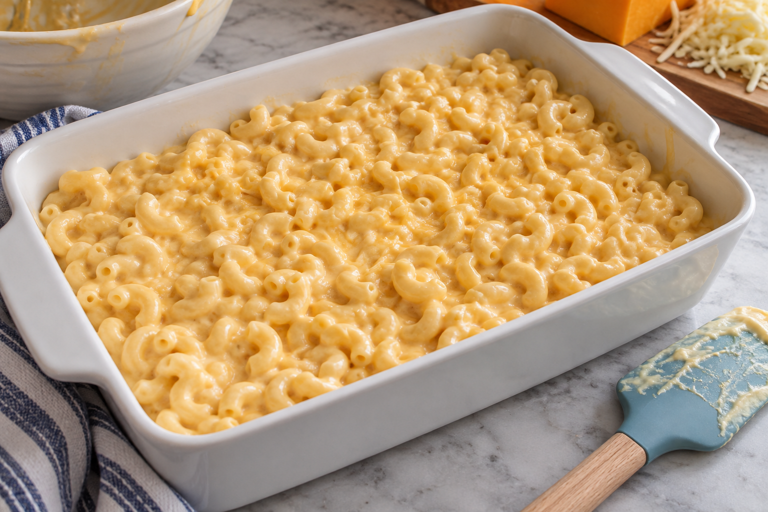 Cooked elbow macaroni coated in cheese sauce in a baking dish before baking