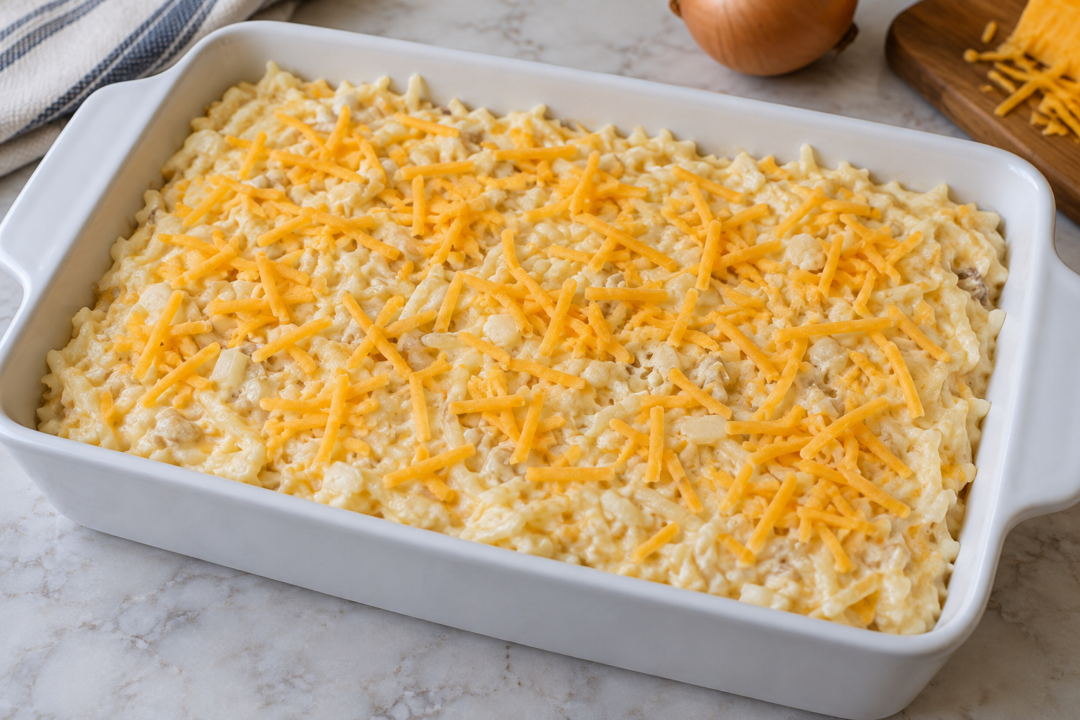 Unbaked creamy shredded potato casserole with cheddar in a rectangular dish