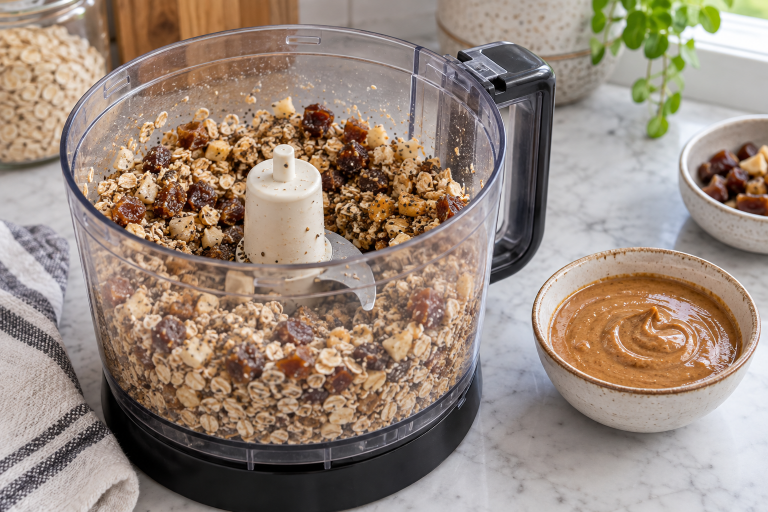 Oats, dried apple, dates and chia in a food processor beside almond butter