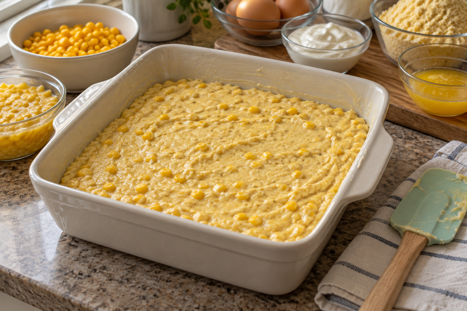 Unbaked corn casserole batter smoothed in a square baking dish