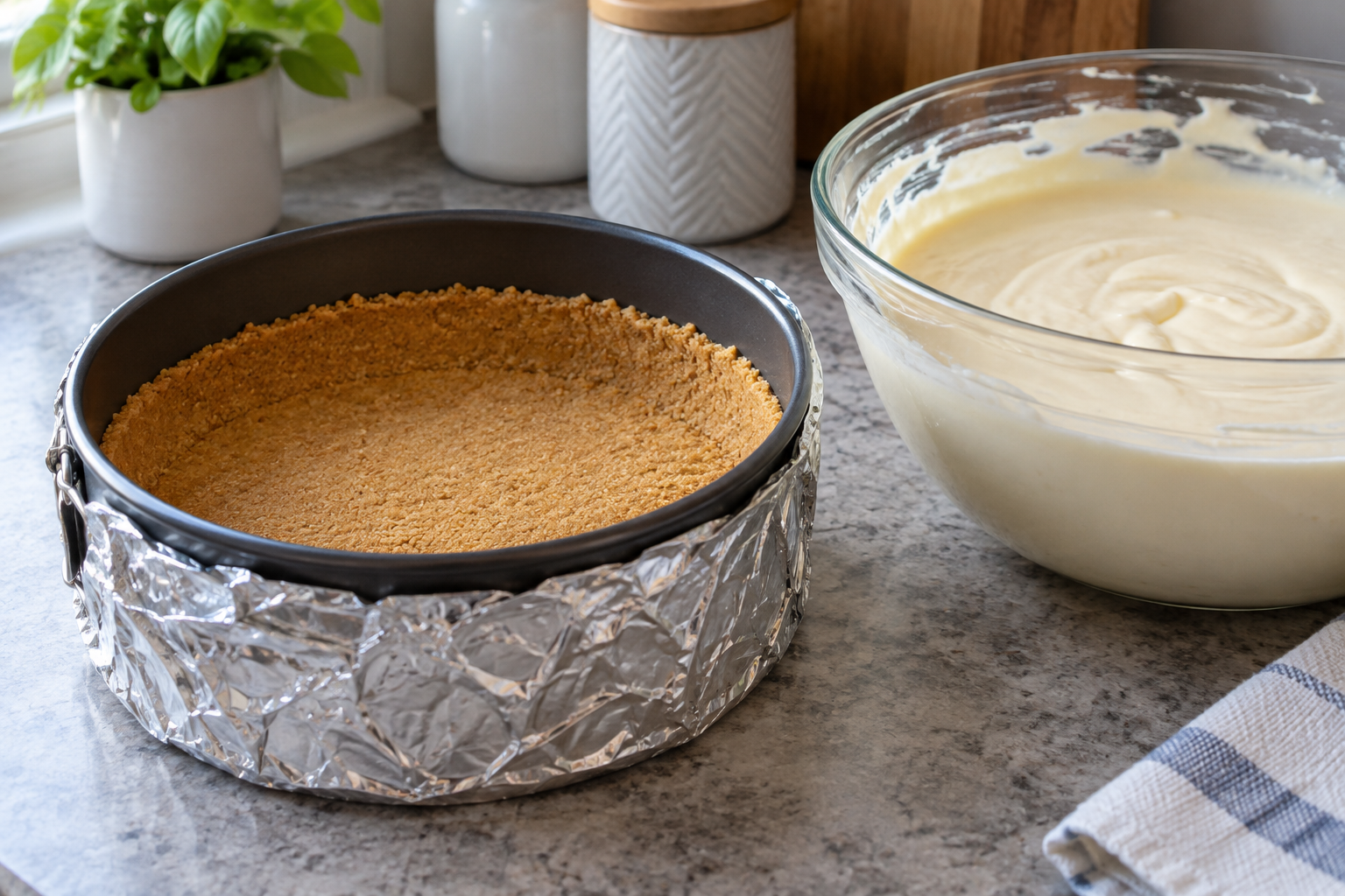 Foil-wrapped springform pan with pressed graham cracker crust beside cheesecake filling
